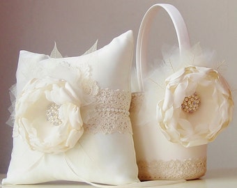 Flower Girl Basket, Ring Bearer Pillow, Ivory Flower Girl Basket, Ivory Ring Bearer Pillow, Flower Girl Basket and Ring Bearer Pillow