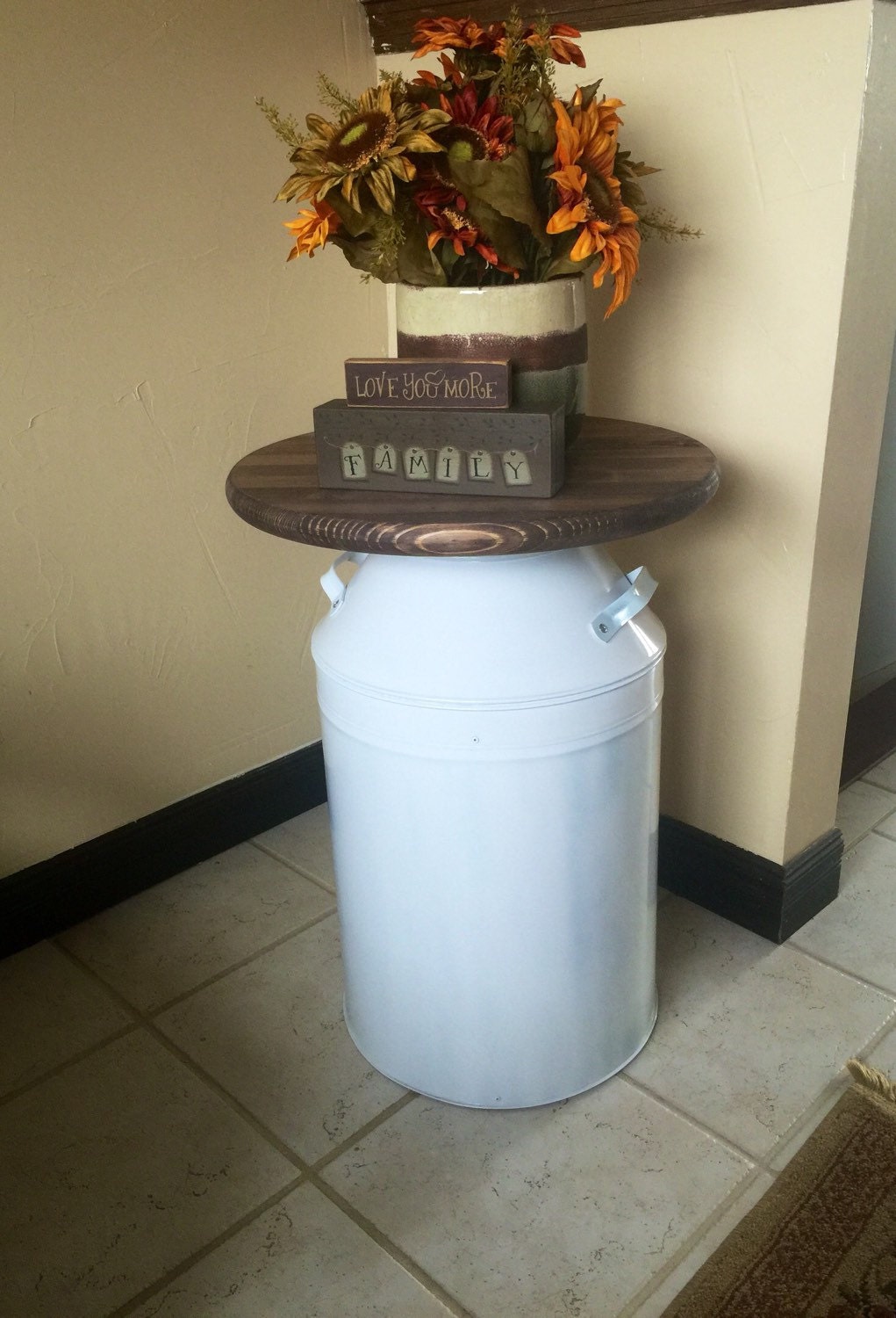 Wood and metal side table wood end table white milk can end