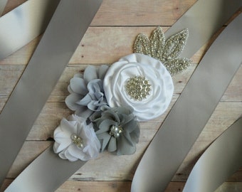 Wedding sash, Flower Girl Sash, Ribbon Sash, Bridal Sash, Wedding Shower Sash, Bridesmaid Sash, Bachelorette silver grey white