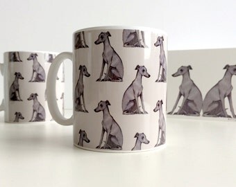 Whippets Mug. The Waiting Whippets. Contemporary illustration of Whippets in grey on a mug. By Bethany Moore
