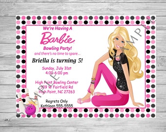 Barbie Birthday Invitation, Bowling Birthday Party, Printable Invitation, Digital Invitation, Barbie Doll Birthday, Barbie Bowling Birthday