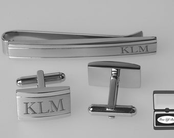 Personalized Cufflinks - Engraved Cufflinks - Monogrammed Tie Bar - Silver Verona Cuff Link & Tie Clip Set - Groomsmen - Buy 6, Get 7th Free
