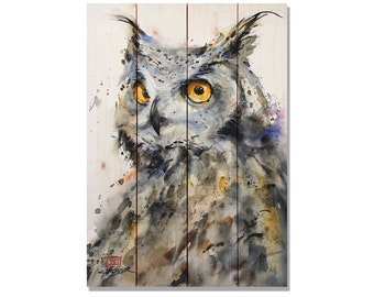 Owl Print on Cedar. Bird Decor, Bird Print. Outdoor Safe Wall Hanging. Home Decor. 14x20 (DCTW1420)