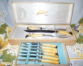 Mid Century Carving Set with Steak Knives, Forgecraft, Nu-Trend by Cory, original satin lined box and drawer. Vintage steak & carving knives