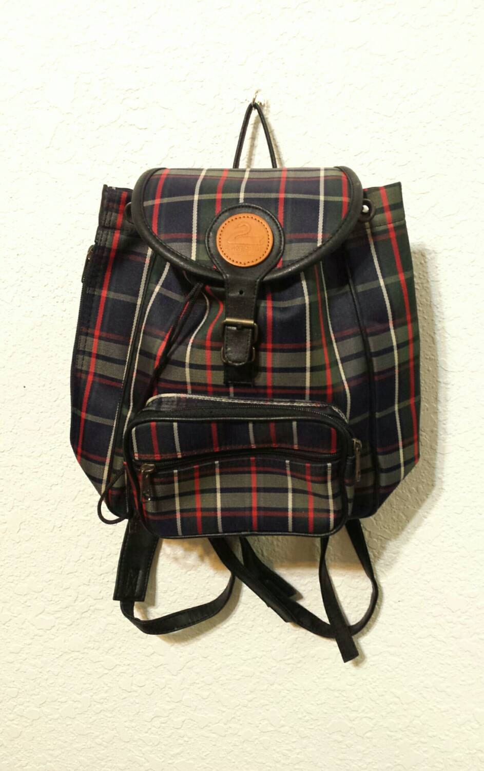 Early 90s Plaid Mini Drawstring Backpack Purse Nylon & Leather