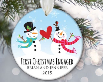 Our First Christmas Engaged Ornament, Engagement Ornament, Personalized Snowman Ornament, Custom Engagement Gift, Ceramic Ornament OR675