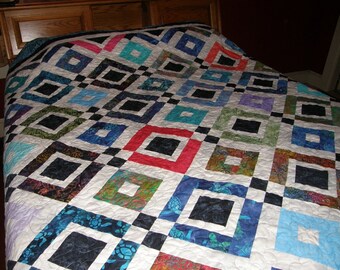Sale - Queen Quilt Modern, Contemporary Queen Quilt, Rainbow Queen Quilt, Blue Quilt, Queen Batik Quilt, Wedding Gift, Quiltsy Handmade