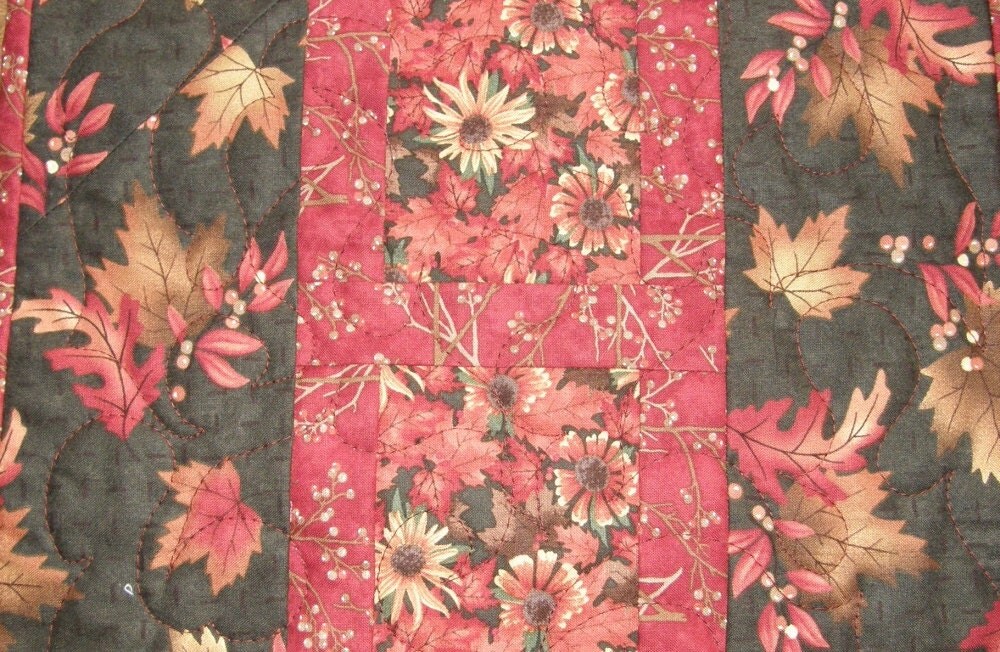 Quilted Table Runner Fall Leaves Long Rust Orange Brown Table