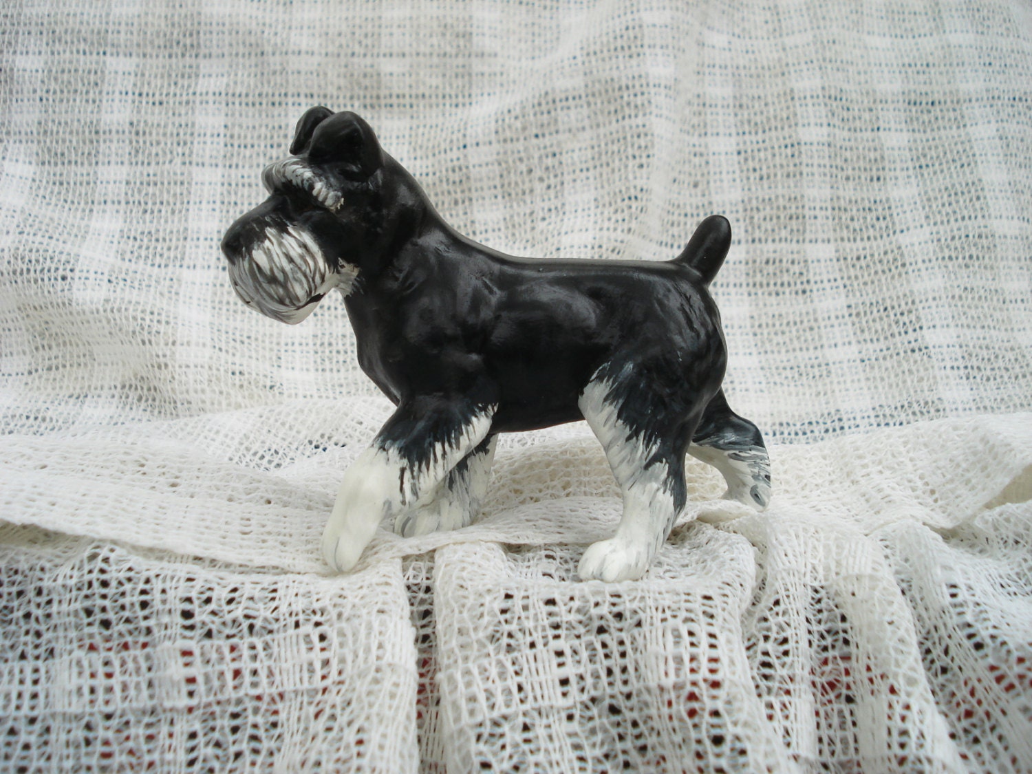 Schnauzer Dog Figurine Black Silver Natural Ear Miniature