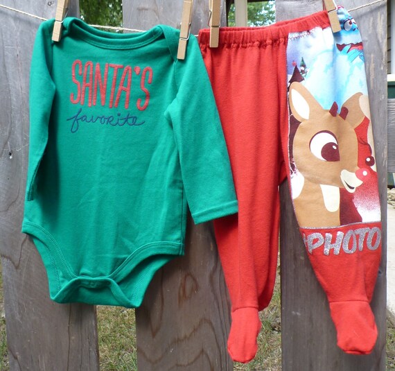 Chirstmas PJ's Santa's Favorite and Rudolph Baby Footed Upcycled/recycled t shirt Pajama/Lounge Pant Set size 3-6 months