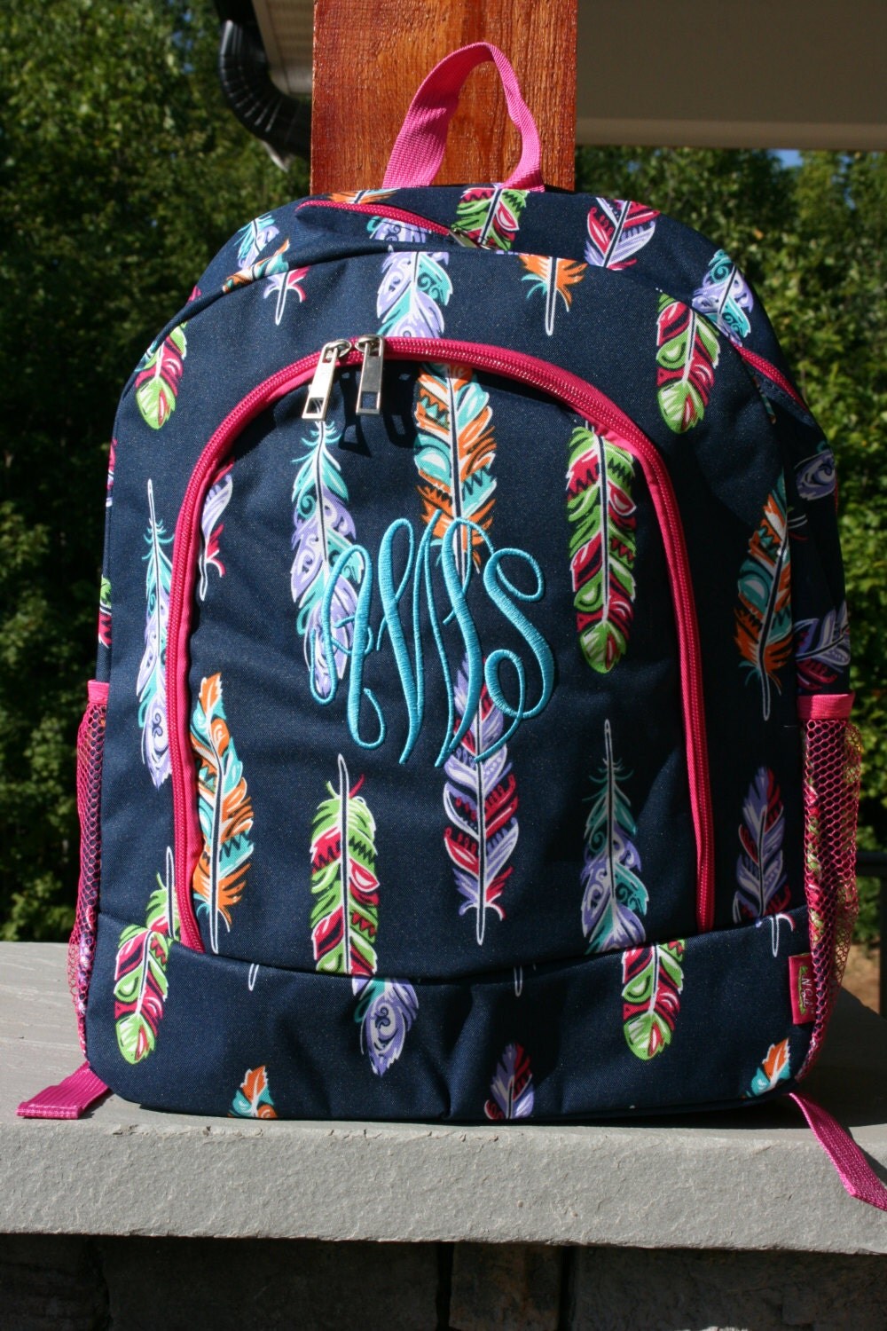 Girls Monogrammed Backpack Navy Feather Girls Personalized