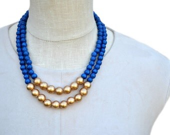 blue bead necklace / blue necklace / royal blue and gold necklace / cobalt blue necklace / bridesmaid necklace / blue statement necklace