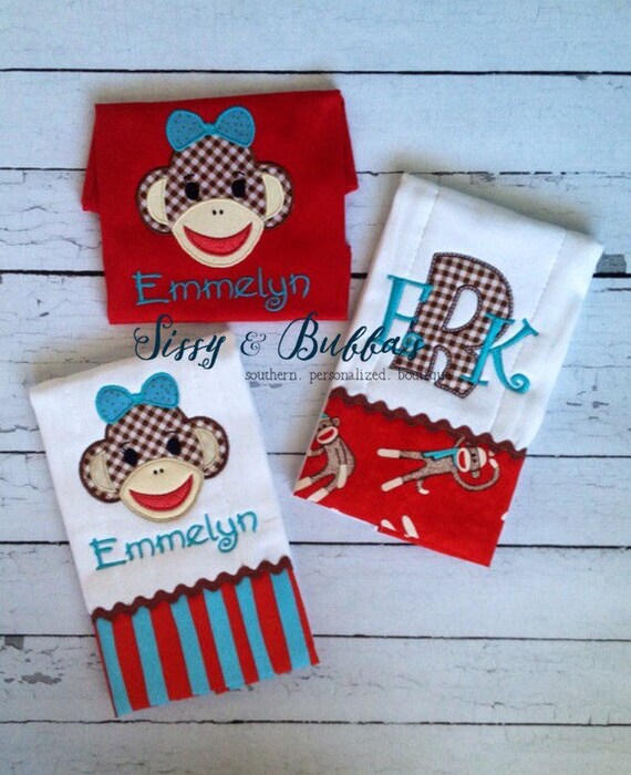 Personalized Sock Monkey Baby Set boy girl baby gift red