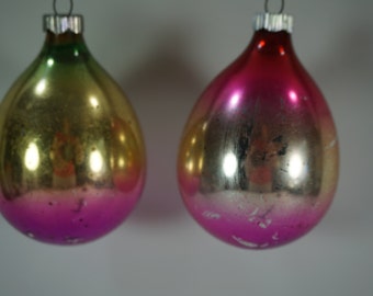 Shiny Brite Christmas Ornaments, Lot of 2 Pear Shaped Retro Holiday Multi-Colored Ornaments, X-mas Tree Balls, FREE 1st Class Shipping