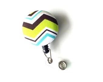 Retractable ID BADGE Reel Holder, Lanyard- Green Brown Chevron Print