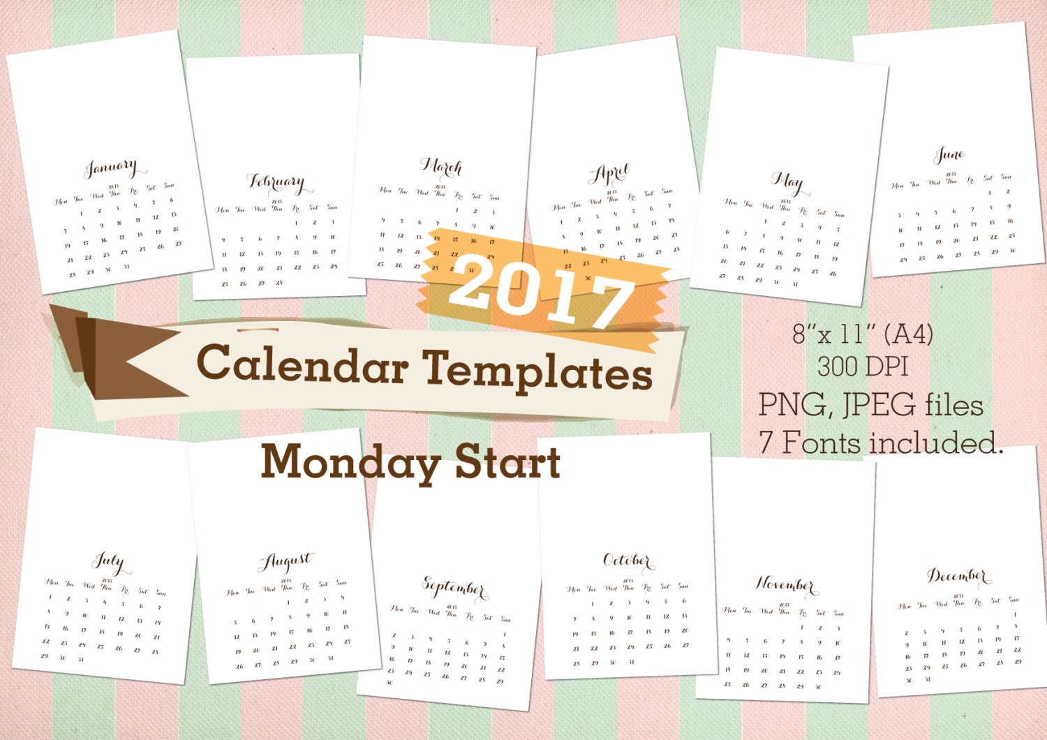 2017 Calendars Printable templates MONDAY Start 8x11