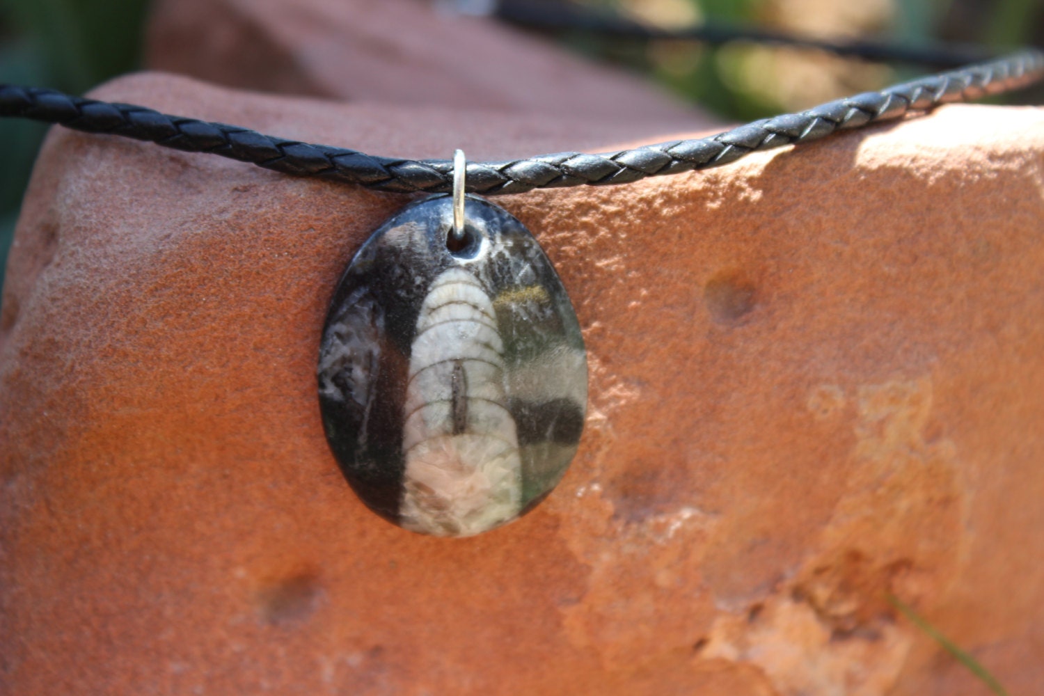 Men Fossil Necklace Pendant Orthoceras Fossil in Black