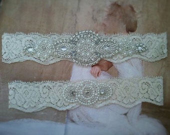 SALE - Wedding Garter Set-Pearl and Rhinestone Garter Set on a Ivory Lace Garter Set with Pearl & Rhinestone - Style G233