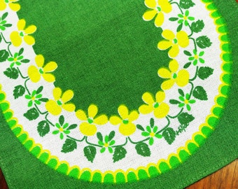 Swedish retro vintage 1970s rectangular linen Hilja design tablecloth runner with oval conv. yellow flower pattern motive on green bottom