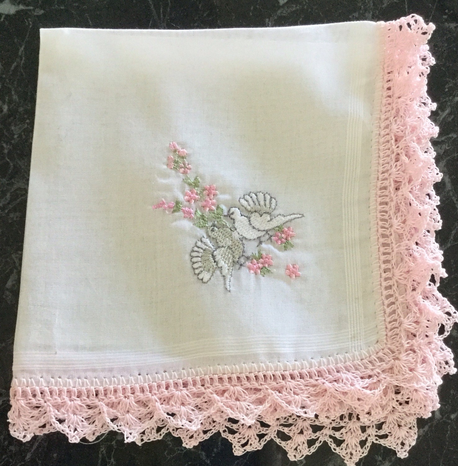 Ladies embroidered handkerchief love birds design with