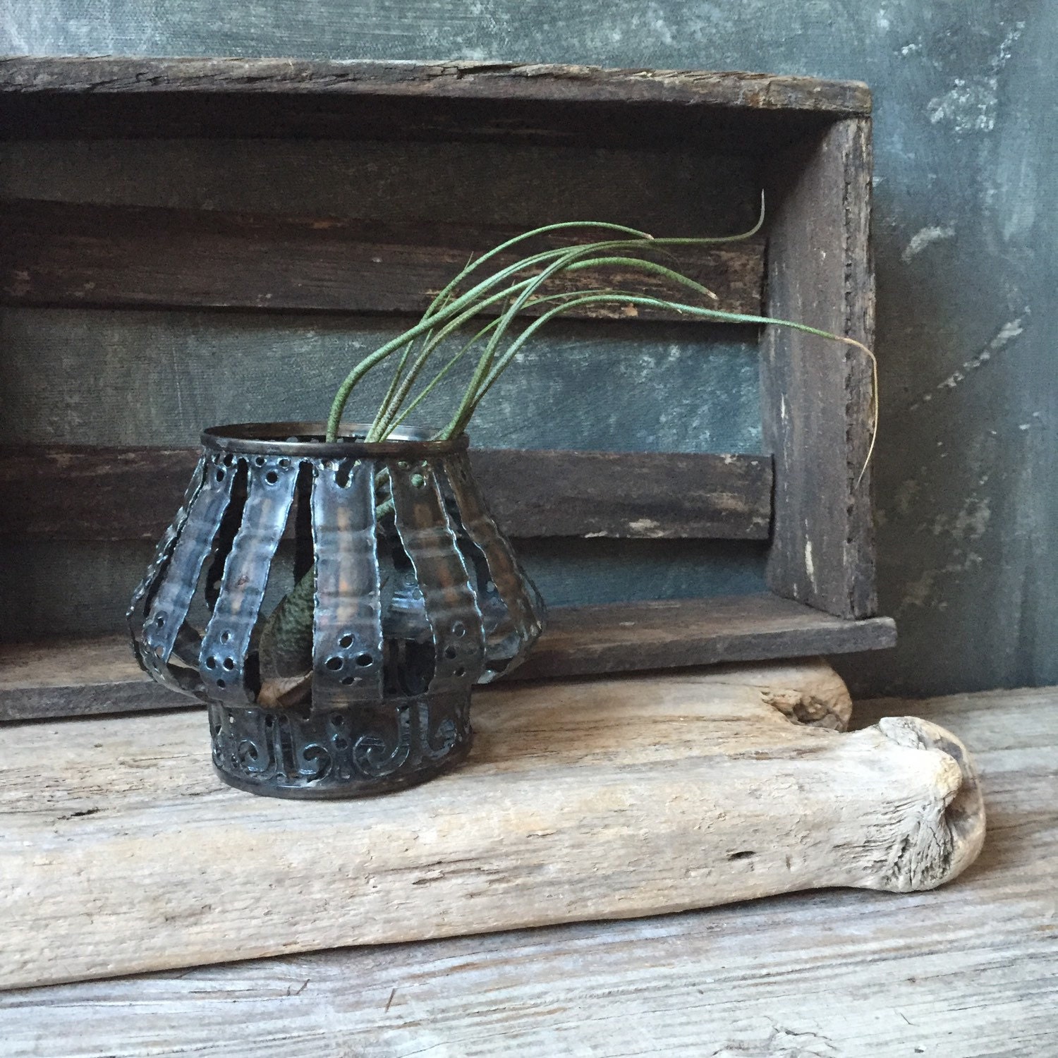 Tramp Art Vintage Tin Can Folk Art Metal Planter