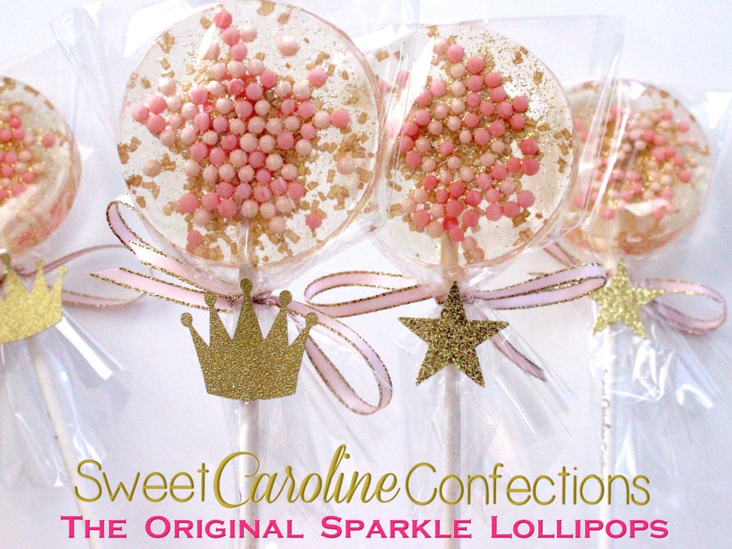 Pink and Gold Sparkle Lollipops with Crown or Star Tag Pink