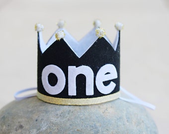 1st Birthday Small Black, White and Gold One Crown - Wild One - Mr. Onederful - Dog Birthday Crown