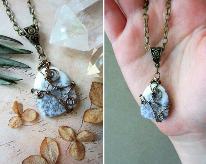 Wire wrapped necklace "Frosty Creek" with gorgeous Dentritic Opal. Custom chain length.