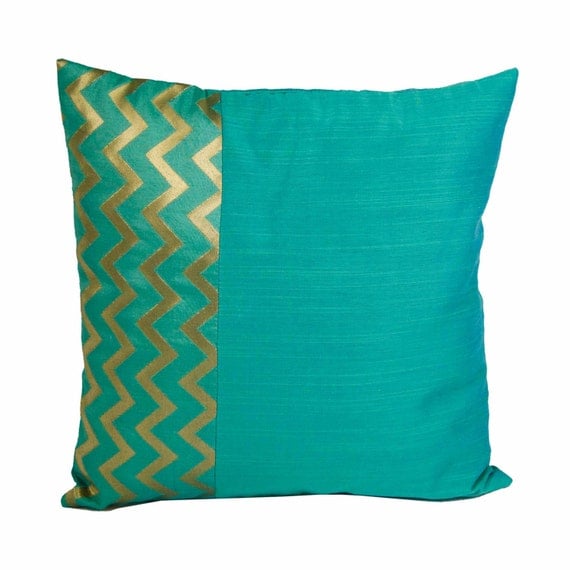 Teal and Gold Cotton Silk Throw Pillow Cover Handmade Silk