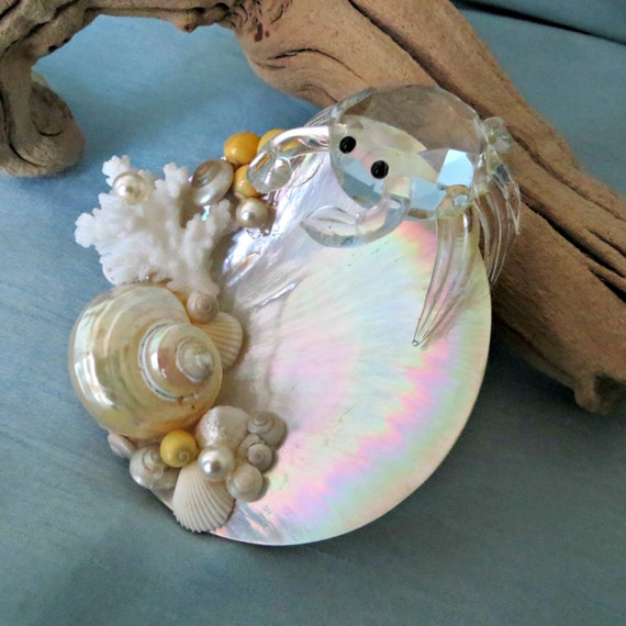 Polished seashell jewelry dish with crystal crab and swarovski