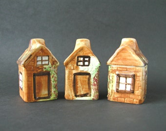 Vintage 3-Piece Set Salt & Pepper Shakers Matching Sugar Container Small Cottage Houses