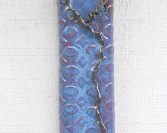 Abstract Stoneware Pottery Wall Vase - Blue, Free Formed, Wall Pocket
