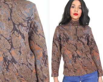 Vintage 70s St John Marie Gray Marble Swirl Brown Purple Orange Turtleneck Sweater