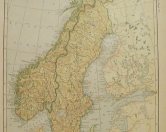 Norway Sweden Map,Denmark Map,Iceland Stockholm Copenhagen Baltic Sea,Map in Europe,Map Art,2 Sided,Place on the World Map,1921 8x10 VS22