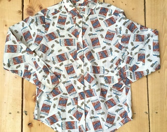 Rare Vintage 70s Billy Beer and Peanuts Button Down Oxford Shirt by Cove Creek - Small