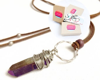 Raw Crystal Necklace Leather Crystal Necklace Rustic Wire Wrapped Raw Quartz Boho Jewelry Raw Stone Pendant on Leather