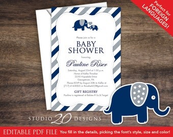 Instant Download Navy Elephant Baby Shower Invitations Editable Pdf, DIY 4x6 Printable Baby Shower Elephant Invites, AUTOFILL enabled 22G