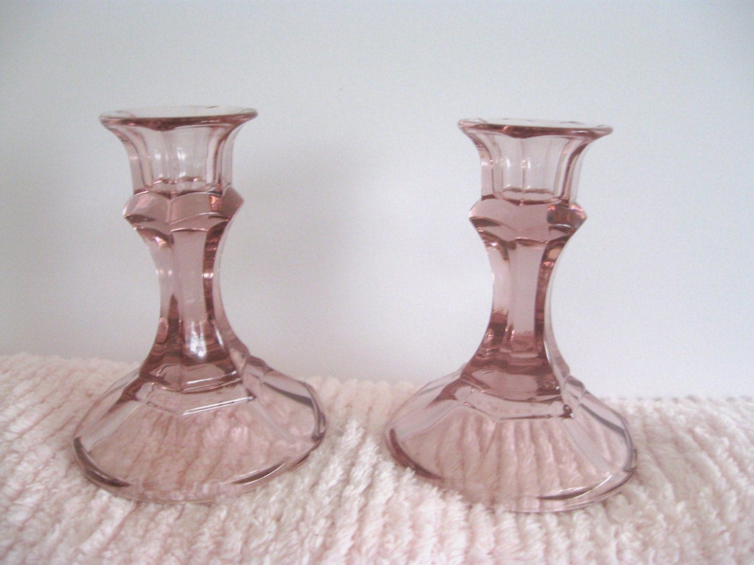 Vintage Amethyst Glass Candlestick Holders Pink Light
