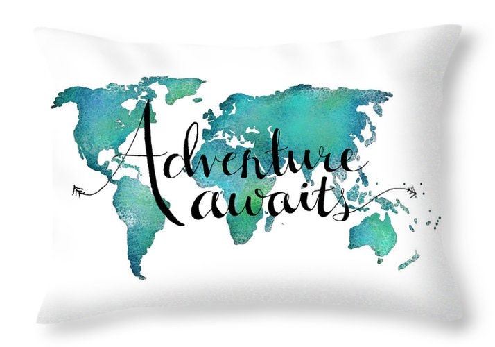 Map Of The World Throw Pillow Throw Pillow Quotes Adventure Awaits Travel Decor Travel Gifts - Teal Throw Pillows World Map Nursery Travel Pillow Case Travel Quotes