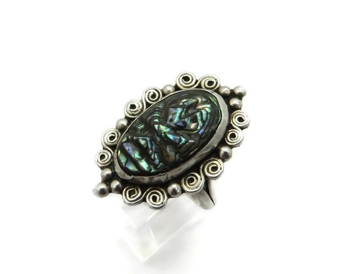 Mexican Abalone Sterling Silver Ring, Carved Abalone Ring, Size 7