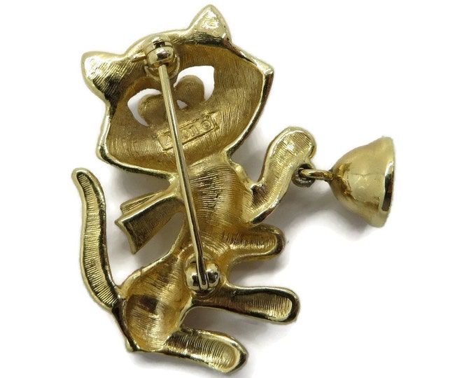 Vintage AVON Cat Brooch, Gold Tone Kitten, Bell Pin, 1980s Jewelry, Gift for Her, Gift Boxed