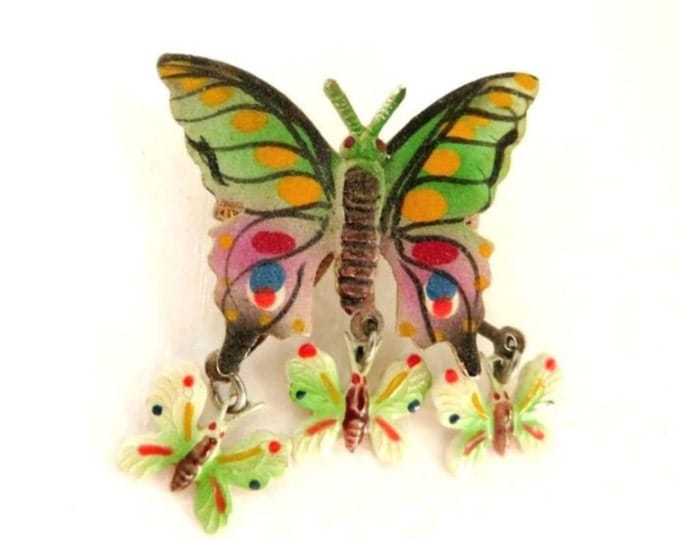 Vintage Hand Painted Butterfly Brooch, Korean Brooch, Dangling Butterflies Pin