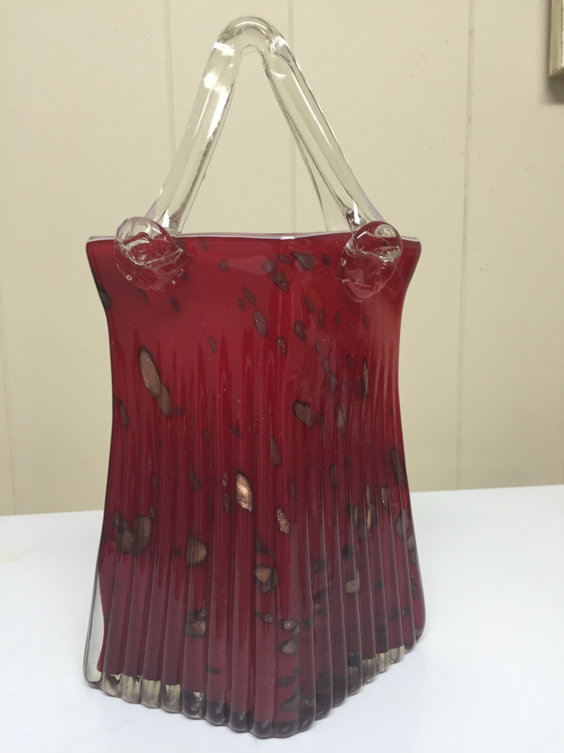 Art Glass Purse Shaped Vase Red With Gold Print Reduced