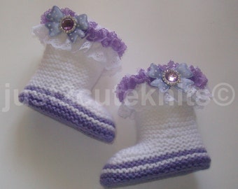 Hand Knitted Designer Baby Girl Booties Lots Of Lace Newborn Special Occasion Baby Shower Original Reborn Doll #36