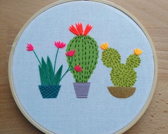Cactus embroidery hoop art, colourful contemporary hand stitched design, potted succulent plants