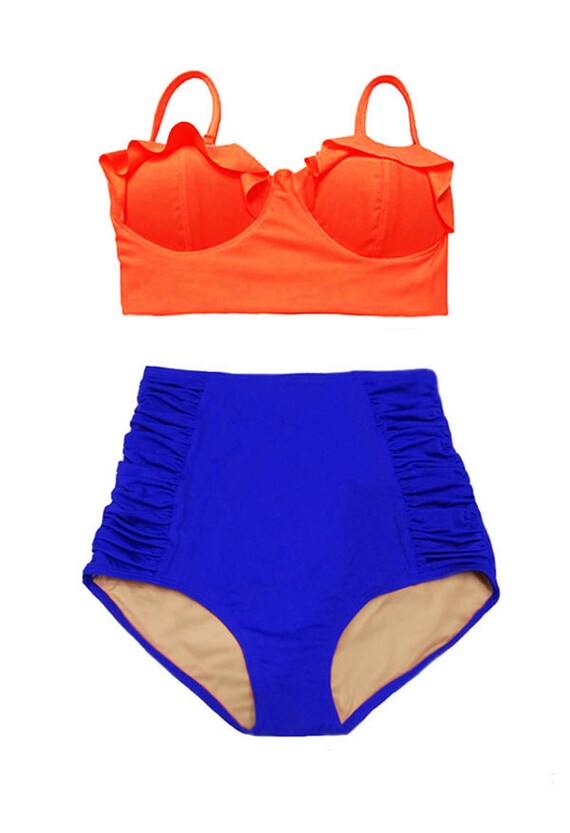 Orange Midkini Top Tops and Blue Ruched Rouched High waist