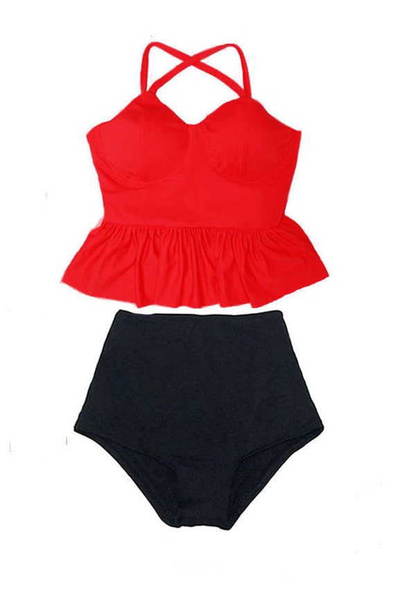 Red Tankini Long Straps and Black High waist waisted rise