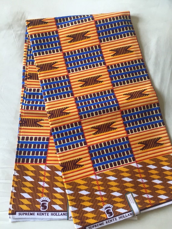 Brown blue & yellow Ghanaian inspired fabric Kente cloth