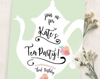 Printable tea party birthday invitation - Tea pot - Floral - Tea for two - 2nd birthday invitation - Girl birthday party - Customizable