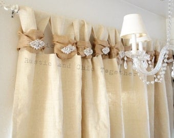 Burlap Curtains Tea dyed rosettes Wide Tabs